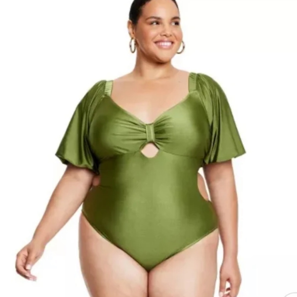 Fe Noel x Target Metallic Puff Sleeve Cut Out One Piece Swimsuit 2X NWT